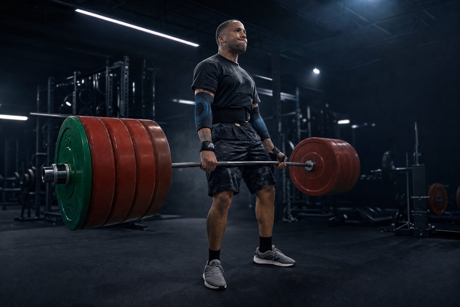Dem Diesel locking out a heavy deadlift in a premium gym